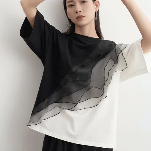 Layered organza panel T-shirt C1225