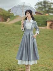 【0152】Gray Striped Pleats Long Sleeve Dress