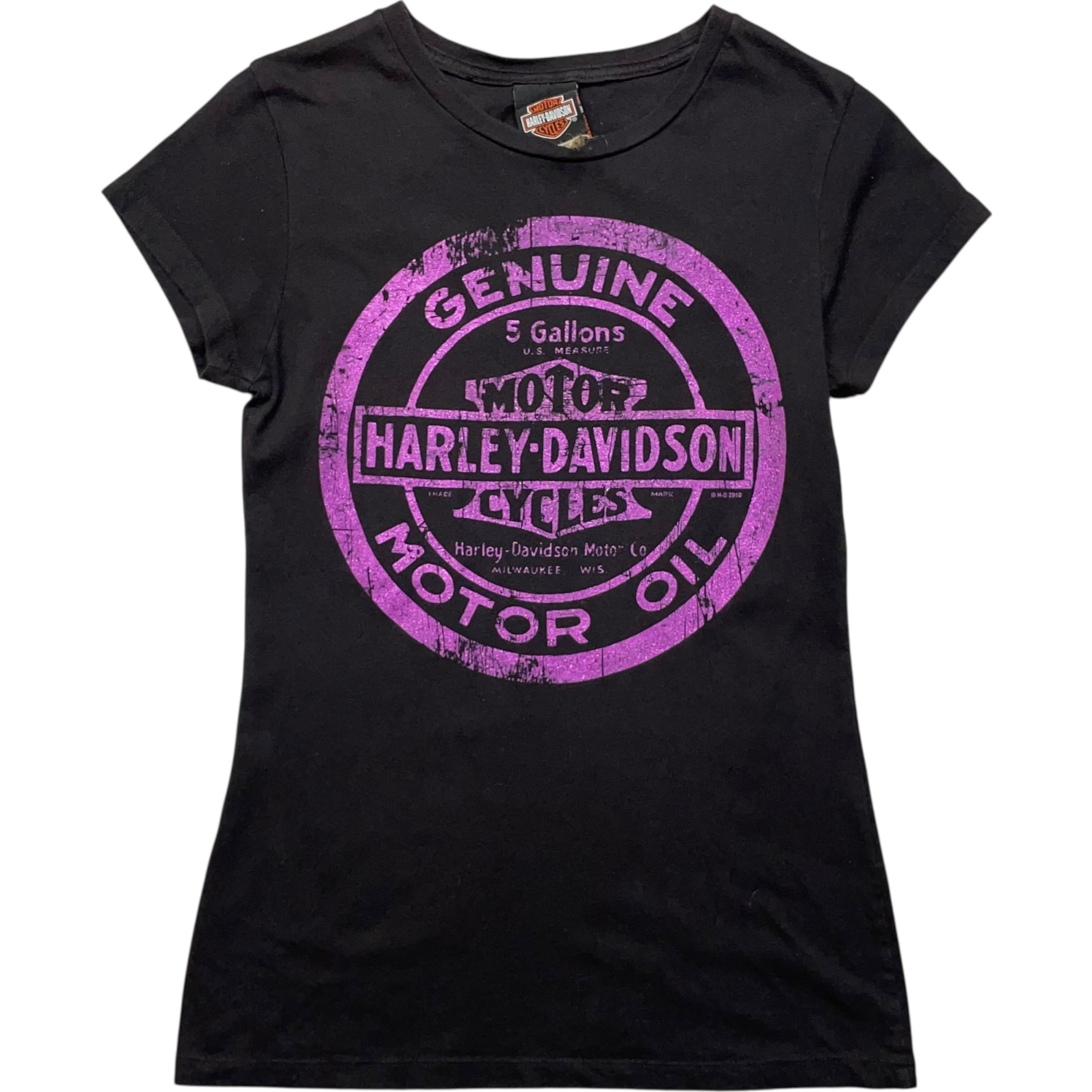 《レディースL》Harley-Davidson ハーレーダビッドソン Tシャツ モーターオイル缶 ラメ 両面プリント ブラック no.8422
