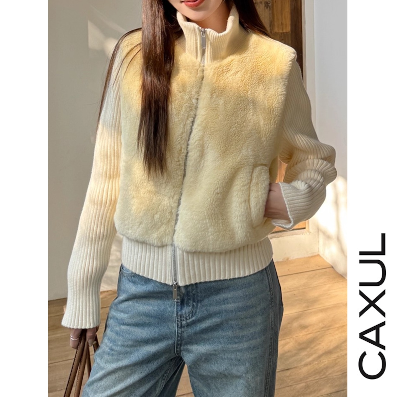 フェイクファー × リブニット ブルゾン