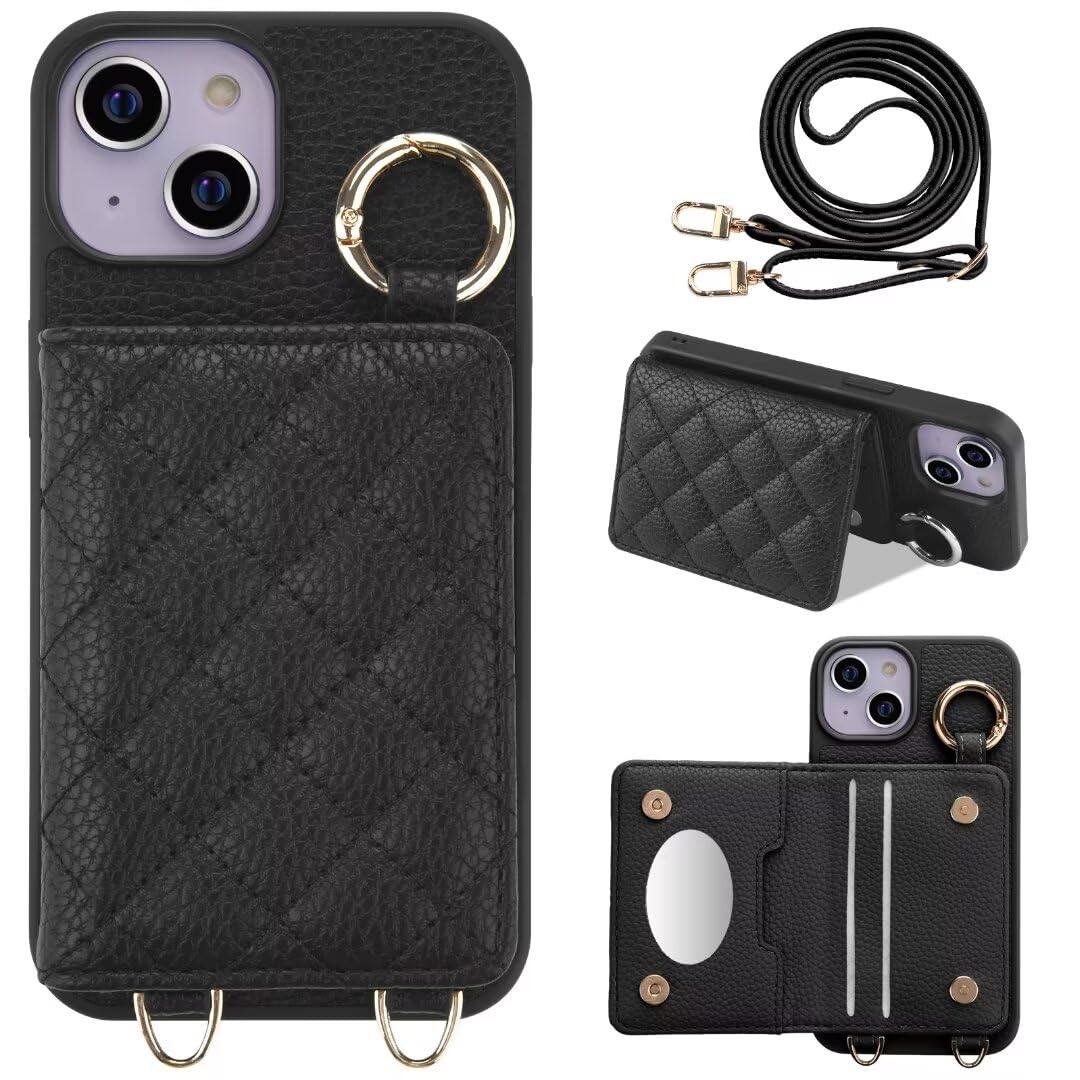 iphone 13ケース スマホショルダーストラップiphone13かわいい 手帳型 おしゃれ 女性 携帯ケース リング付き化粧鏡付き 軽量 スタンド機能いphone13 あいふぉん13 ケース 首掛け 肩掛け 斜めがけ レディース スマホポーチ バッグ シンプル(ブラック)