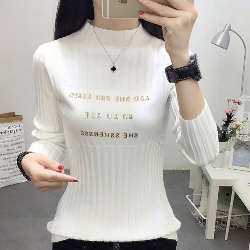 ニット レディース リブ 秋 冬 ロゴ ハーフネック エレガント カジュアル 韓国 ファッション タイト 細身 ニット レディース リブ 秋 冬 ロゴ ハーフネック エレガント カジュアル 韓国