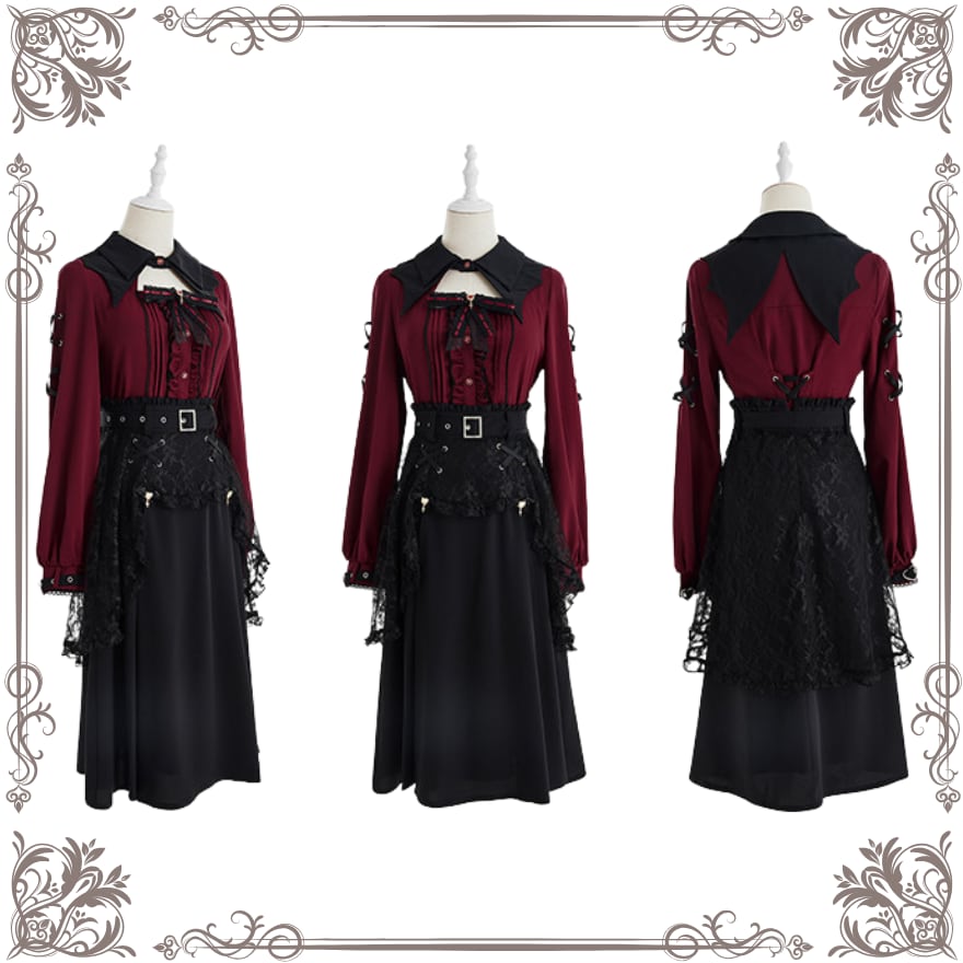 地雷系 スカート セットアップ 悪魔 羽襟 コルセット レースアップ 赤 黒 ゴシック