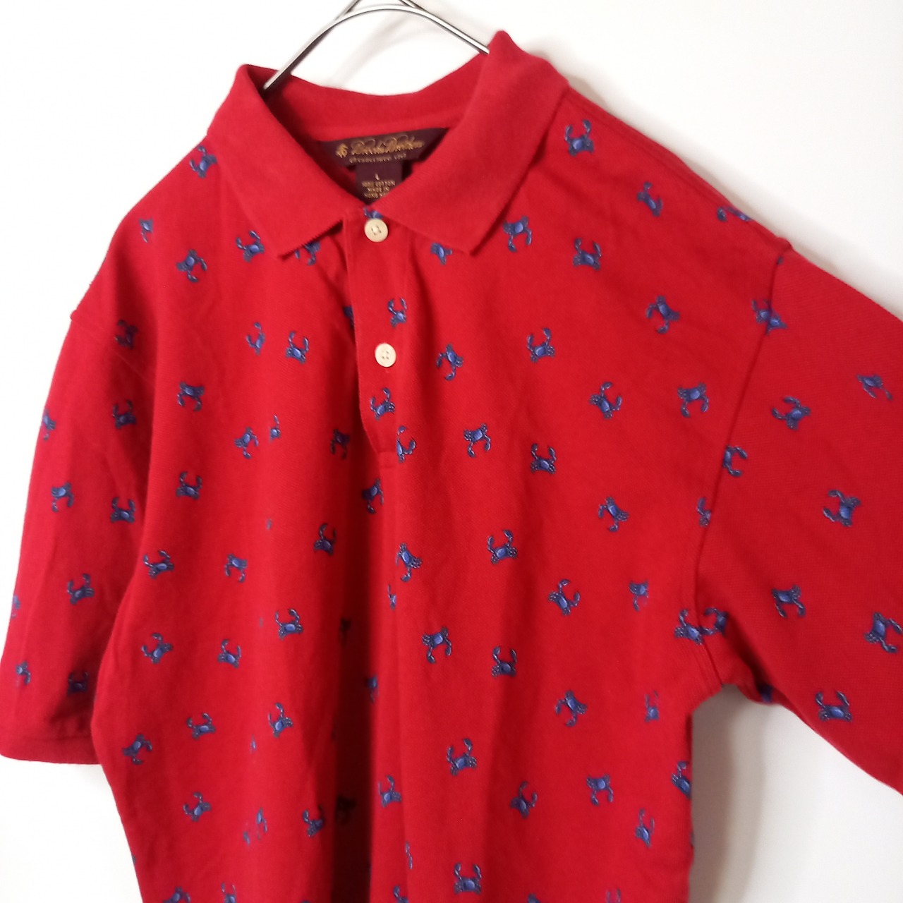 90s　ブルックスブラザーズ　総柄ポロシャツ　半袖　カニ　レッド