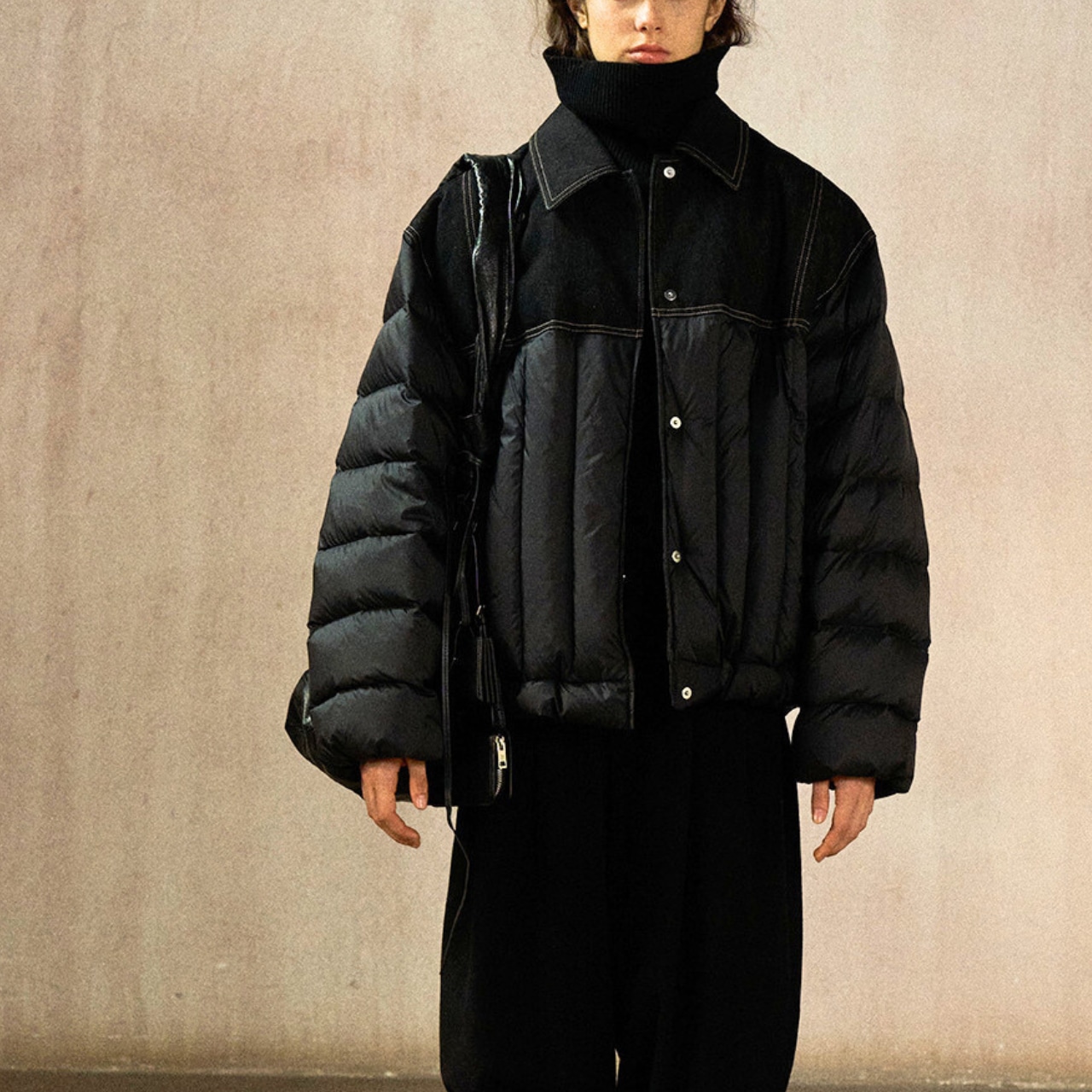 Mixed Texture Short Down Jacket T3968