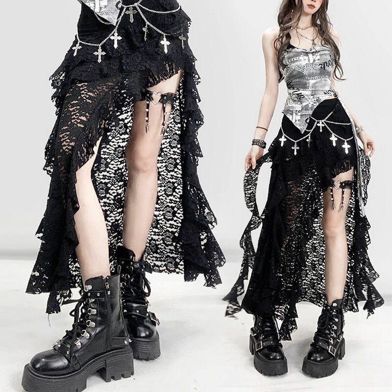 Lace layered slit skirt r0021