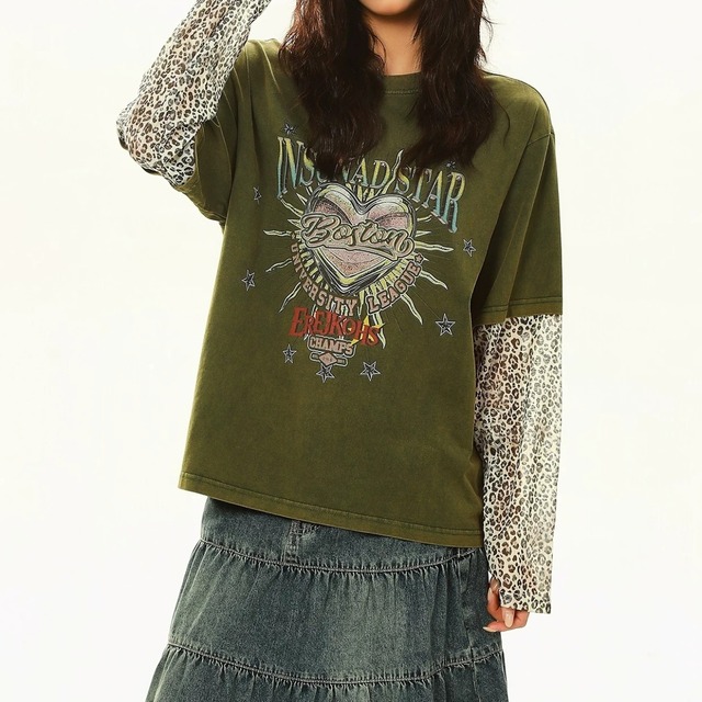 ハートモチーフレオパードレイヤードライクTシャツ 2col R02583