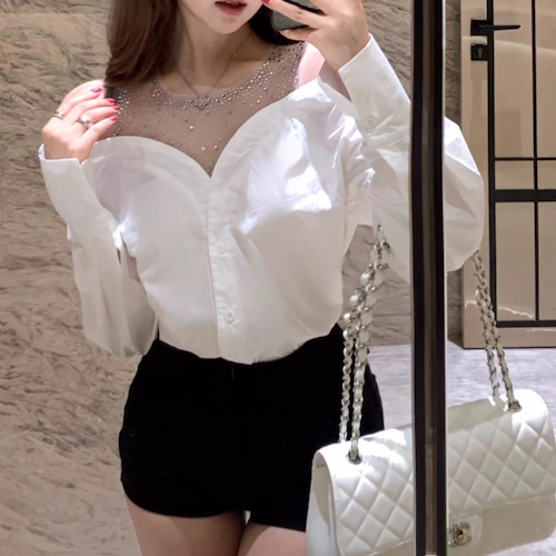 2色／グリッターシアーネックオフショルブラウス ・72263