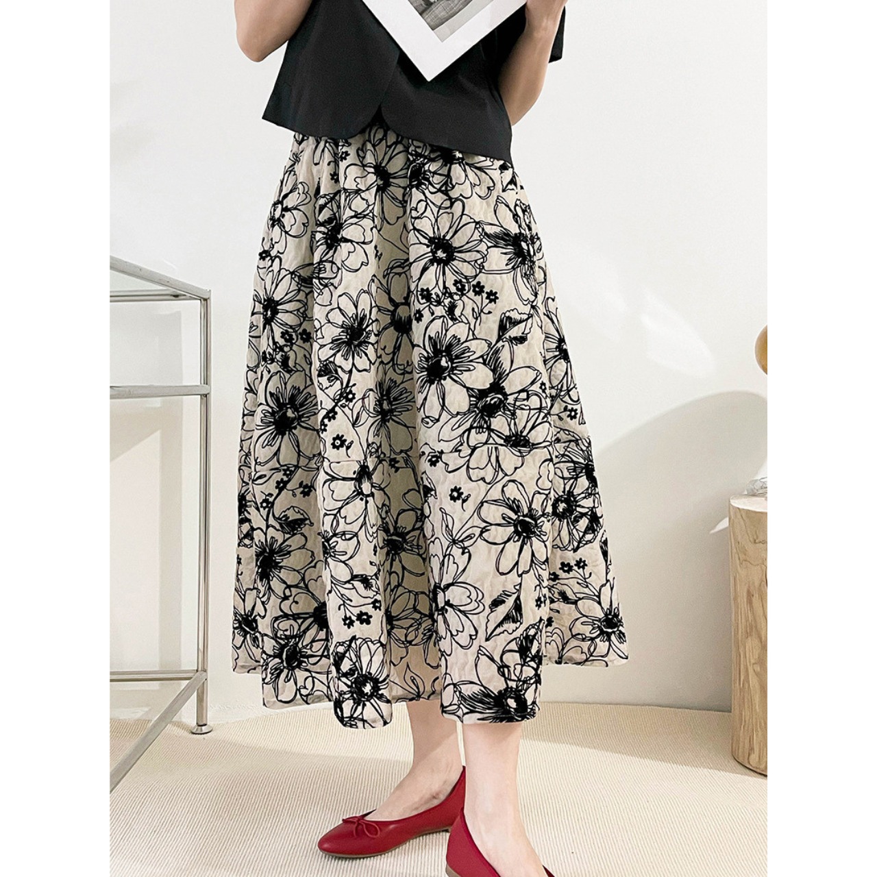 モノトーン 花柄ロングスカート 10011