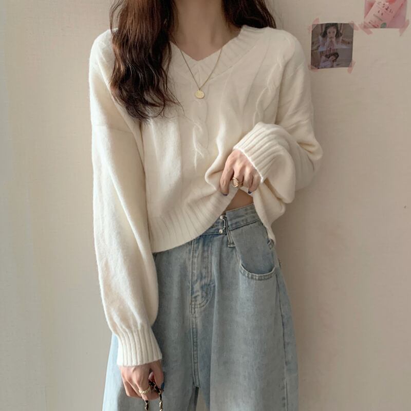 スタイルVネックプルオーバー セーター スプリングオータムルーズニットトップス ロング 春物 秋物 スーパーモール24168952154