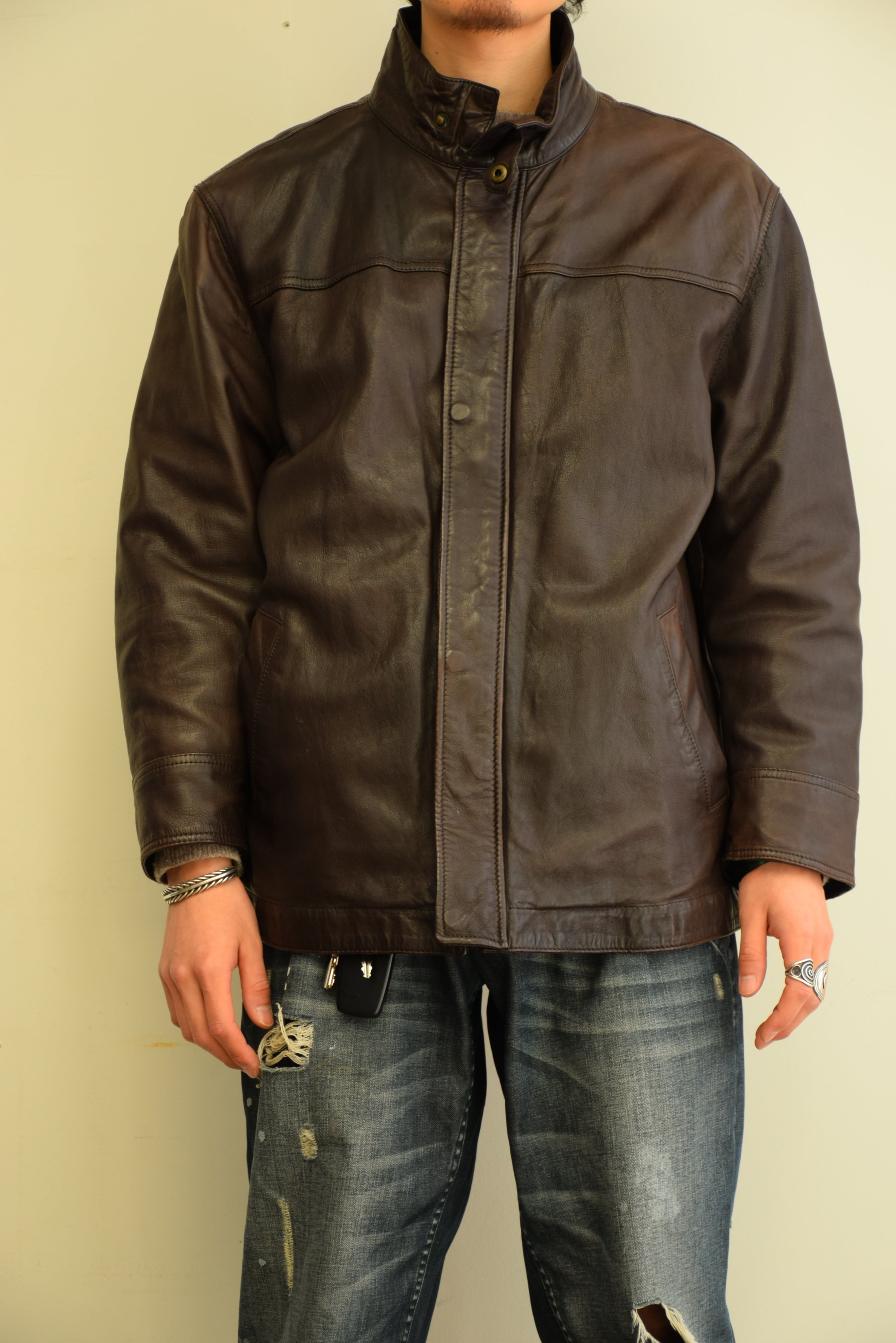 MERONA レザージャケット メンズ XL ブラウン ミドル丈 古着
