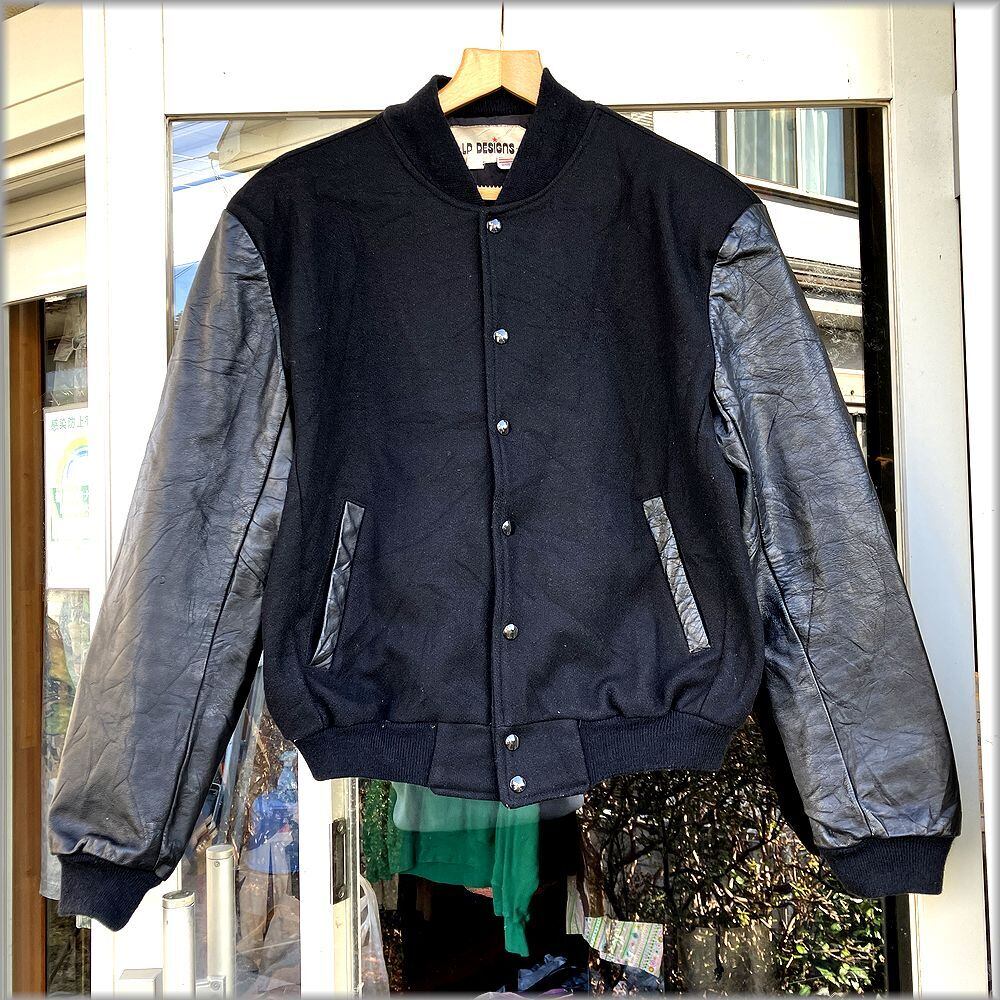 ☆LP DESIGNS 80s 90s USA製 袖革 スタジャン size M ブラック 無地