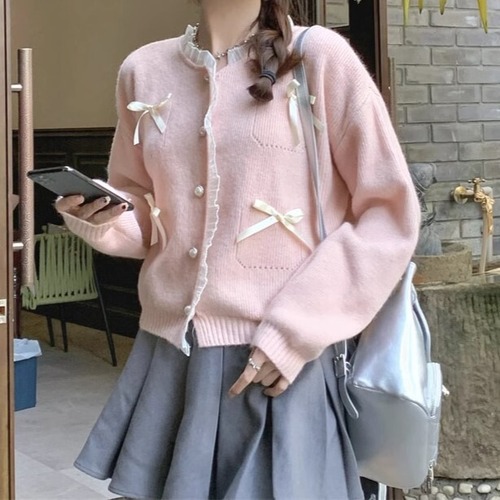 カーディガン ガーリー レディース トップス 長袖 フリル リボン かわいい 羽織 ノーカラー ニット セーター ボリュームスリーブ ybh2264