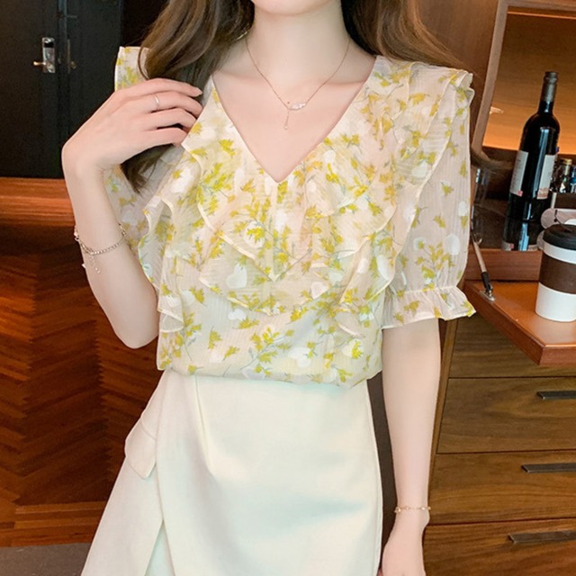 V neck elegant ruffle stitch chiffon shirt
