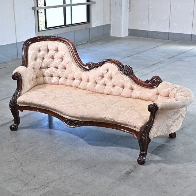 ロココ調 カウチソファ シェーズロング マホガニー無垢材 彫刻 猫足 姫系 クラシカル 椅子 フレンチビンテージテイスト アンティーク風