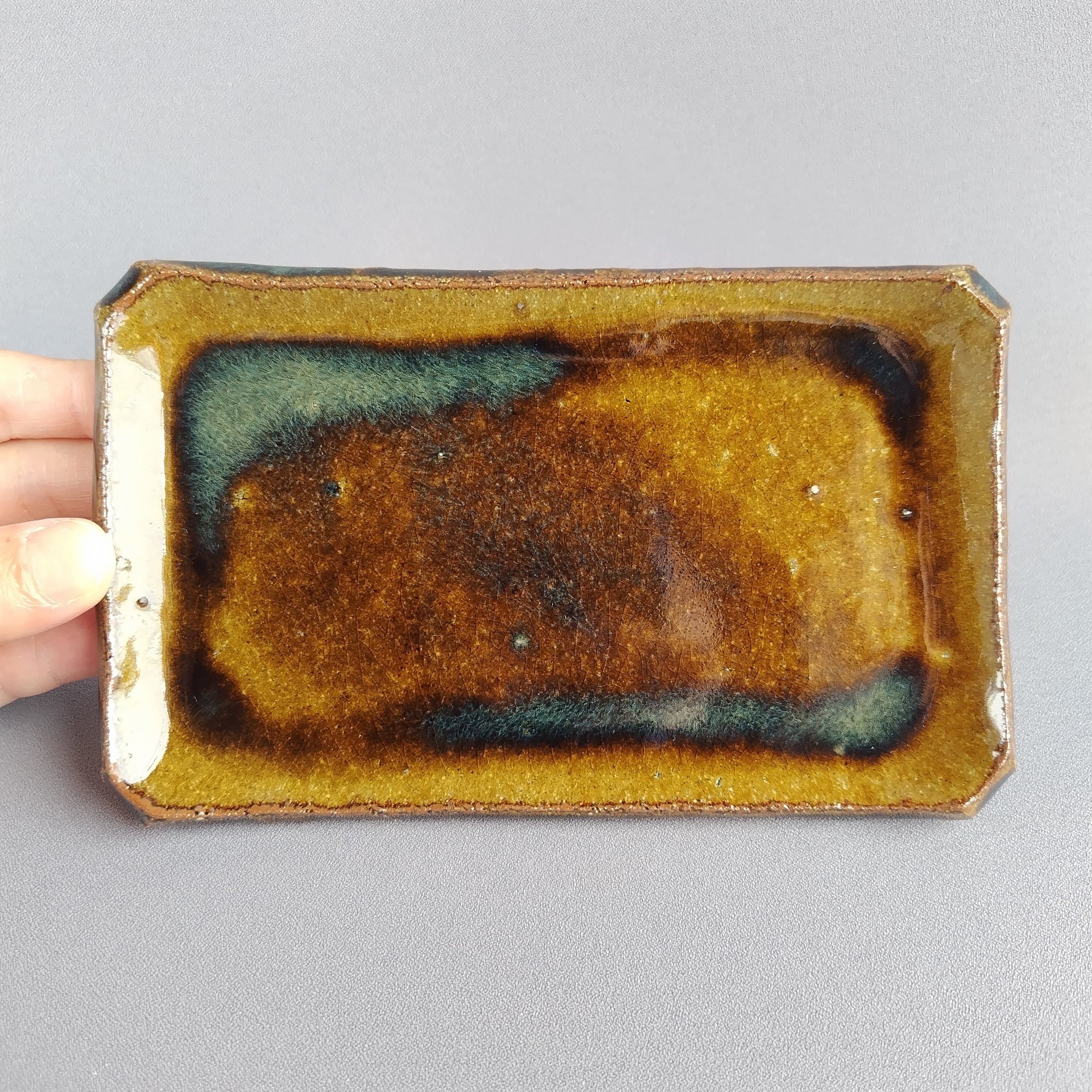 半窓造 あめ釉 陶板 長方皿 足付陶板皿 箱付 半窓造 あめ釉 陶板 長方皿 足付陶板皿 箱付