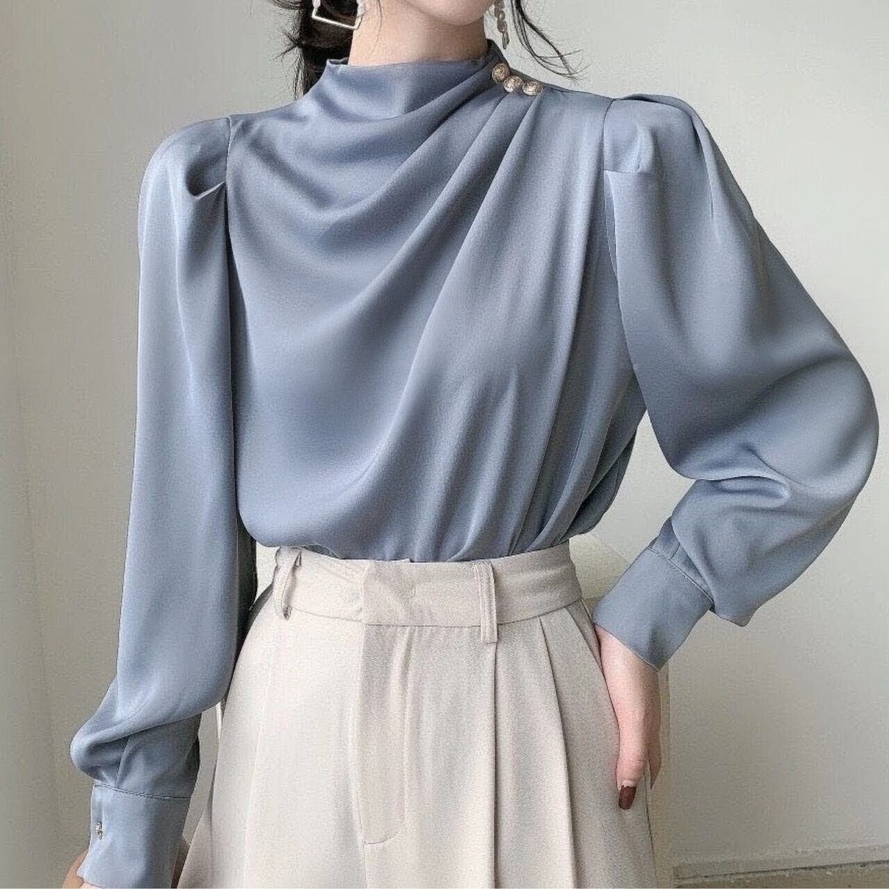 サテンドレープスタンドカラーブラウス JC0225