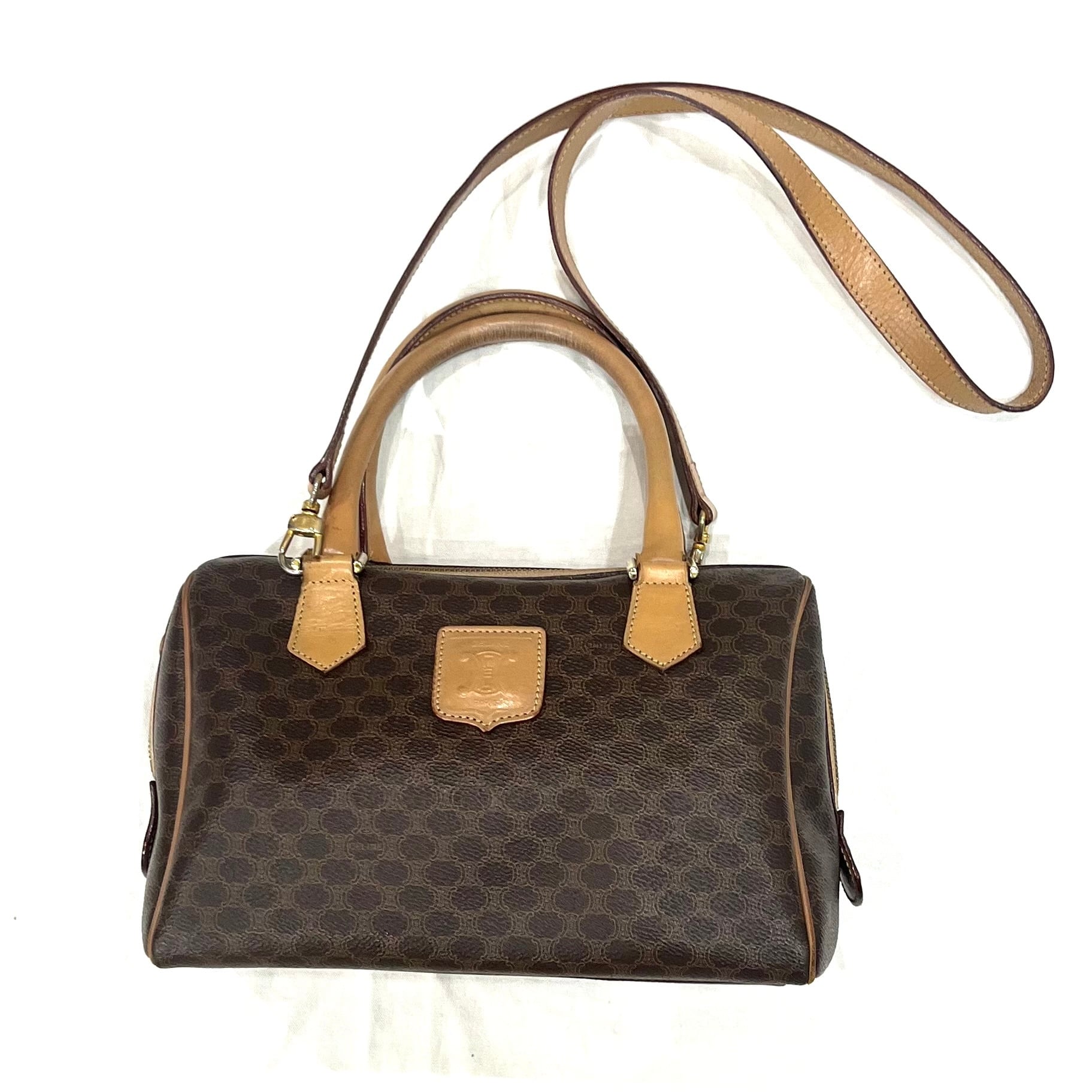 【CELINE】2wayバッグ　ボストンバッグ　マカダム柄　ゴールド金具　PVC CELINE セリーヌ マカダム柄 ボストンバッグ PVC レザー ブラウン M14