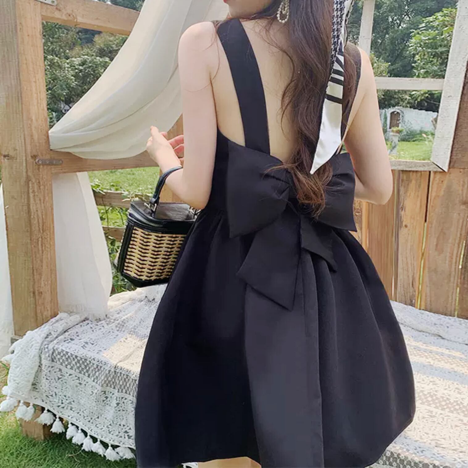 送料無料 ふんわり 大人ガーリー リボン ビッグ ワンピース ミニ キャミ セクシー かわいい ドレス Lamitte Deco トレンド 韓国ファッション ショップ Base店