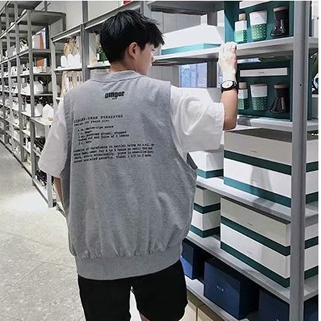 予約販売 トップス 半袖 メンズ Tシャツ レイヤード 重ね着風 ロゴ ブラック グレー ゆったり カジュアル こなれ感 お洒落 韓国 トレンド 春 夏 S M L Xl 2xl Favoriteselect