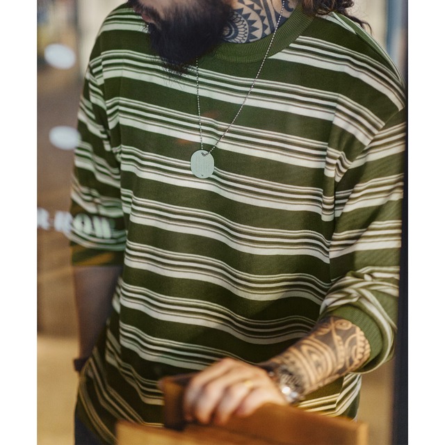 ラウンドネックストライプリブニットトップス 224084