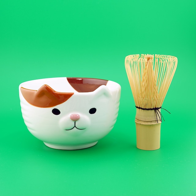 猫抹茶碗&茶筅セット(みけ)