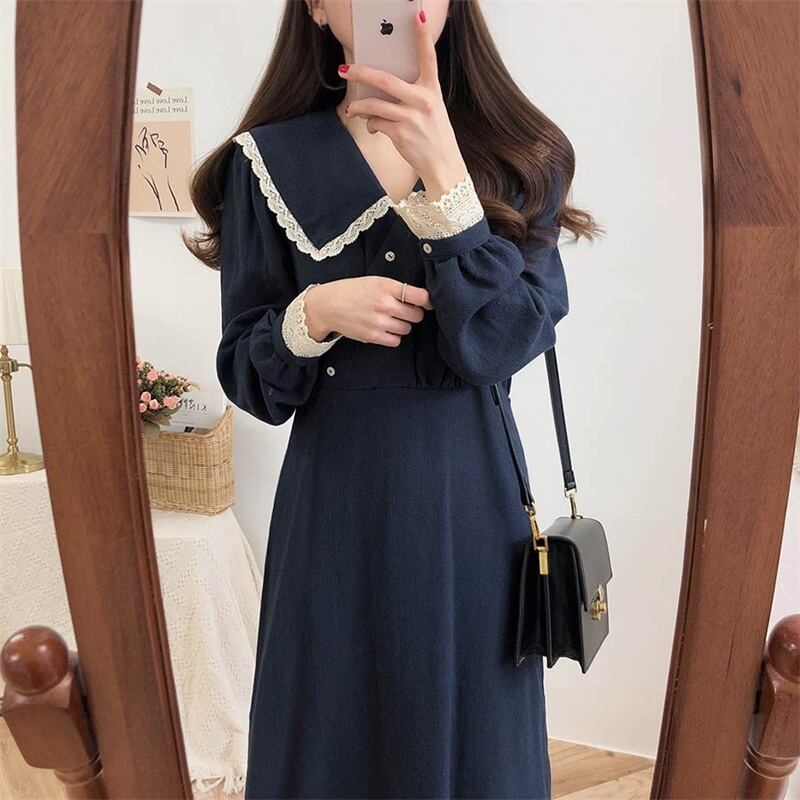 ワンピース レディース 膝丈 ひざ丈 ミモレ丈 長袖 襟付き Aライン レース ハイウエスト かわいい 大人可愛い きれいめ 大人 上品 おしゃれ お洒落 大人女子 ラブリー キュート ガーリー レトロ 主役級 存在感 フェミニン 無地 春 秋 お呼ばれ 10代 20代 30代 OL 学生 通学 デート お出かけ 女子会 着回し 普段使い 韓国 韓国系 送料無料 ファッション コーデ スタイル モテ トレンド 流行 インスタ映え S M L XL ネイビー ベージュ