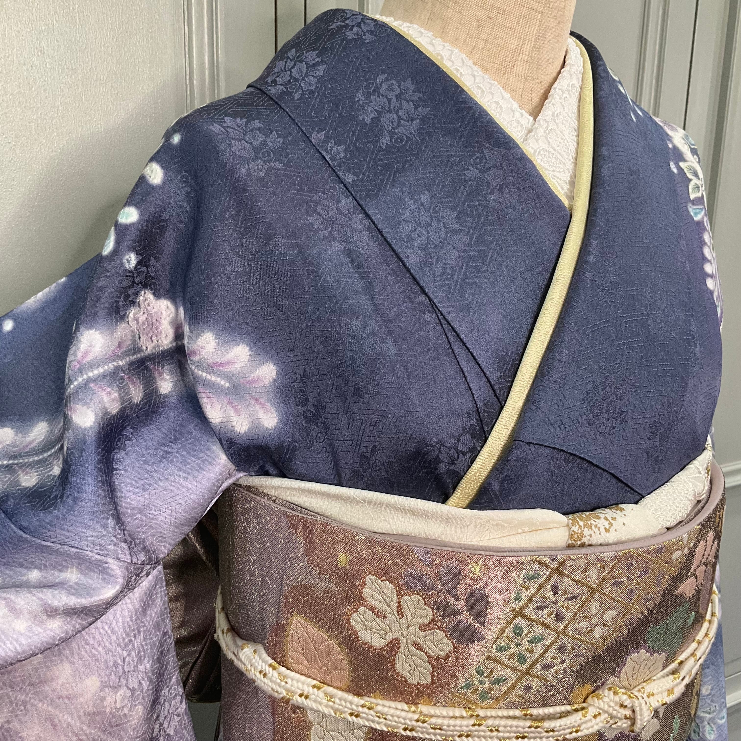 訪問着 流水 金彩 絞り セット 袋帯 灰紫 tall＊藤と桜の饗宴＊訪問着セット 辻ヶ花模様 流水 地紙 卒業式 入学