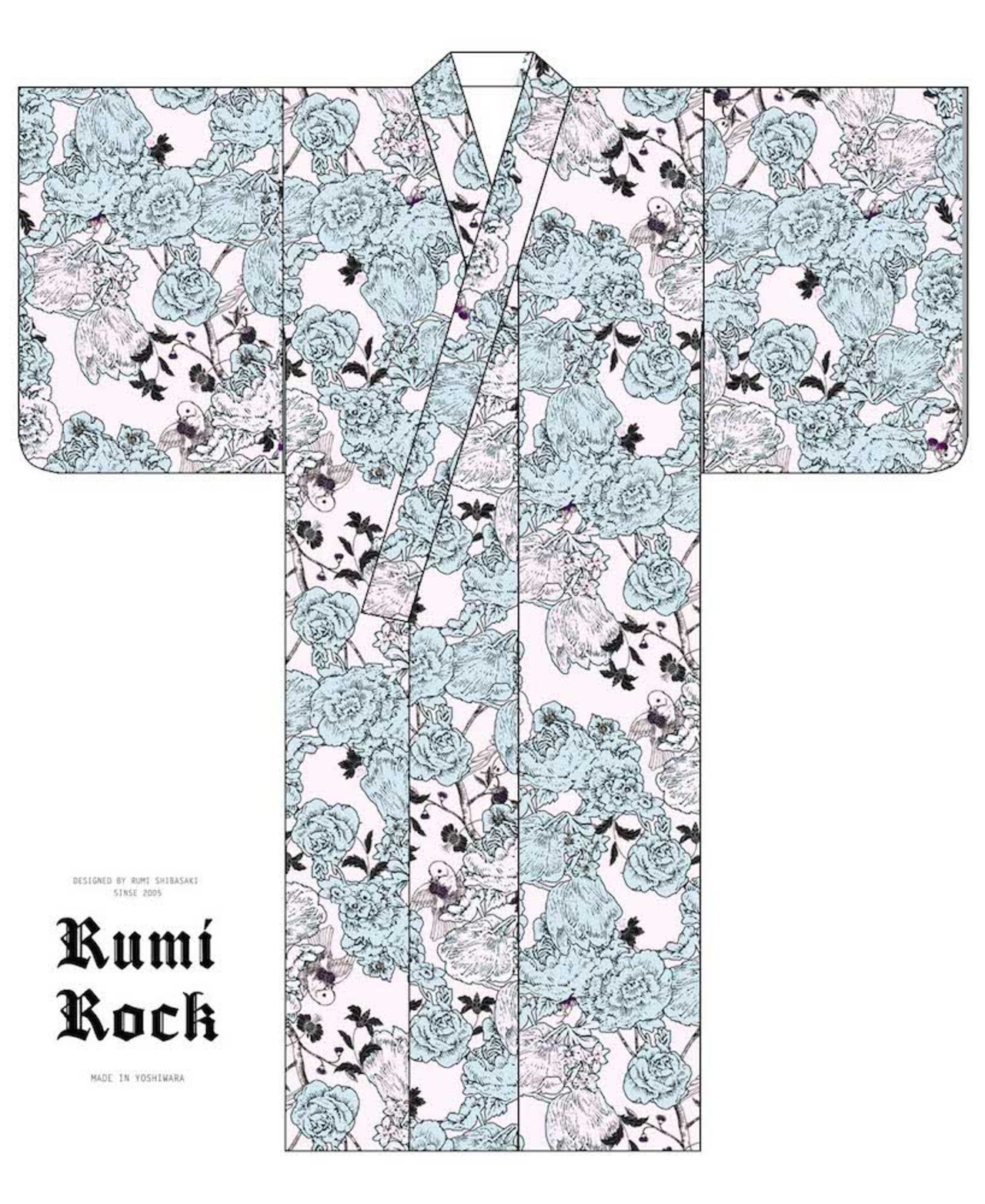【受注商品】Rumi Rockきもの「チューリップと小鳥」ミント　[A706]