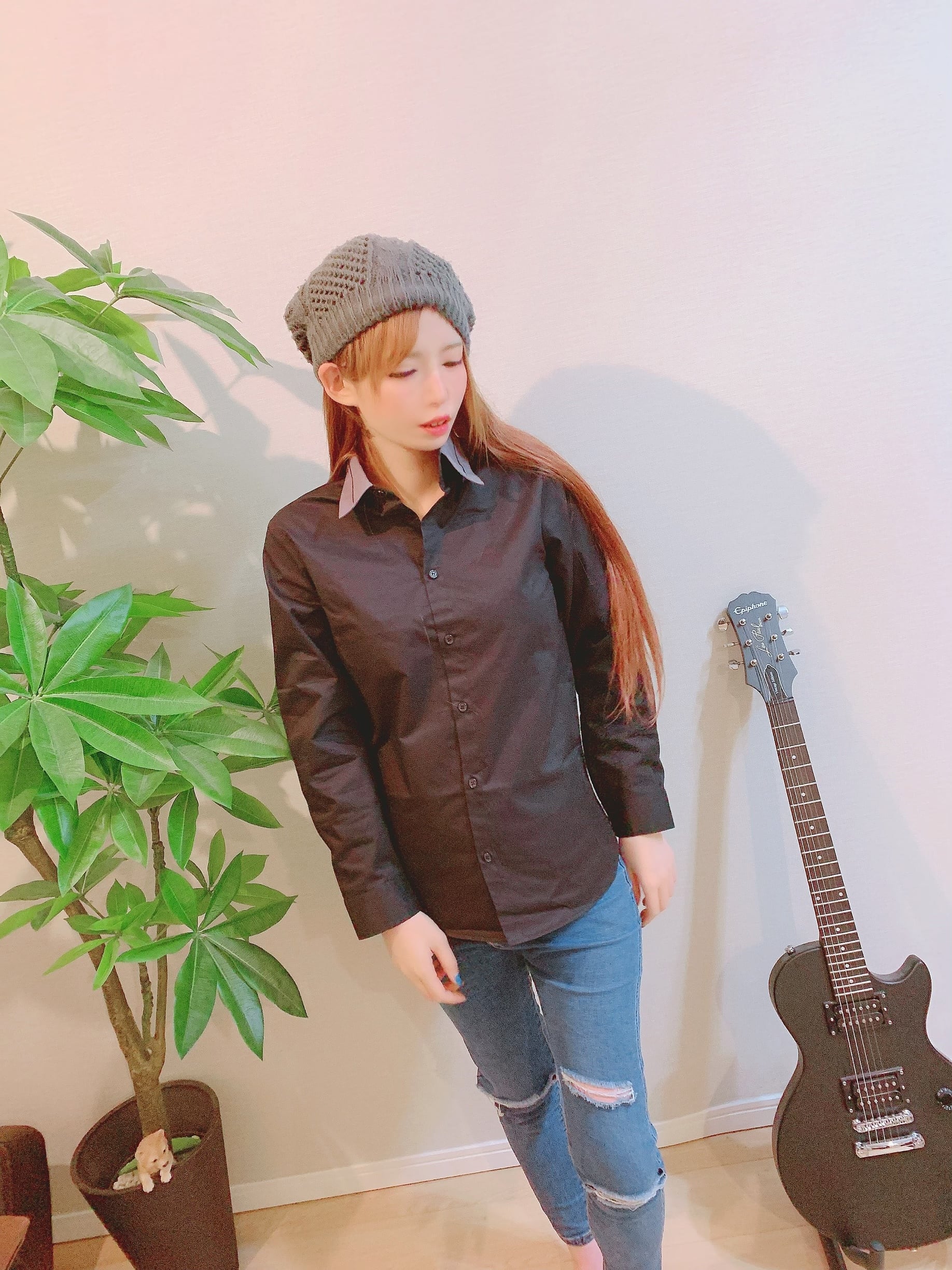 襟グレー切り返しバックプリントシャツBLACK | h-ash-