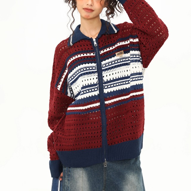 border mesh zipper knit　ボーダー切替メッシュジッパーニット　J1538