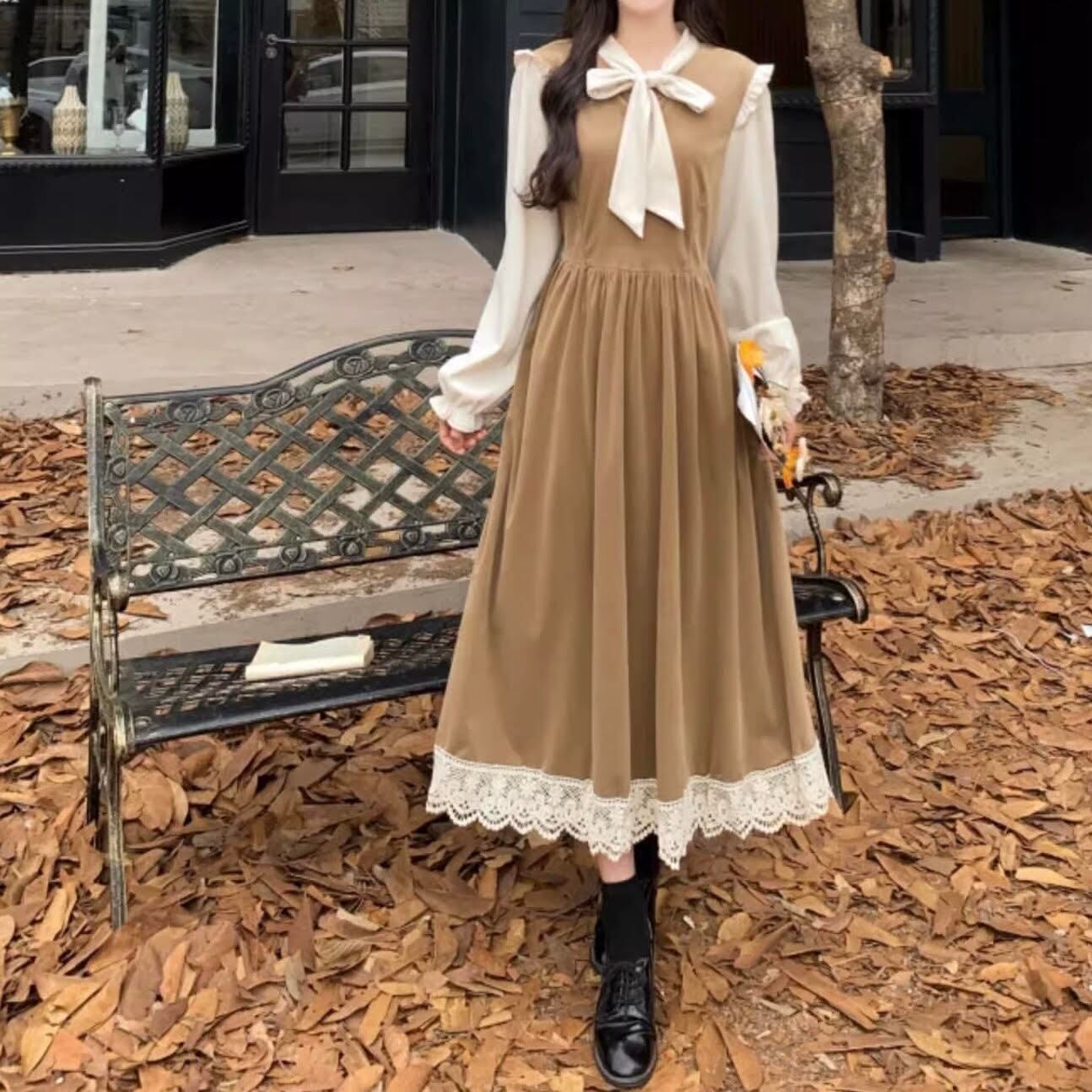 ワンピース フリル プリーツドレス Aライン 上品 ミモレ丈 レディース ワンピース 長袖 ミモレ丈 リボン フリル Aライン