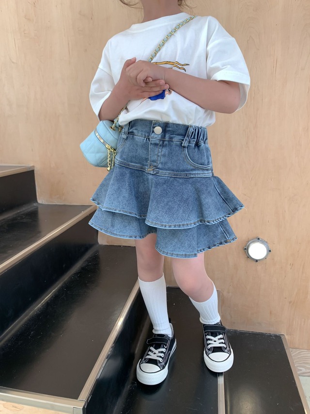 【KID】ティアードデニムフリルキュロットパンツ - 8
