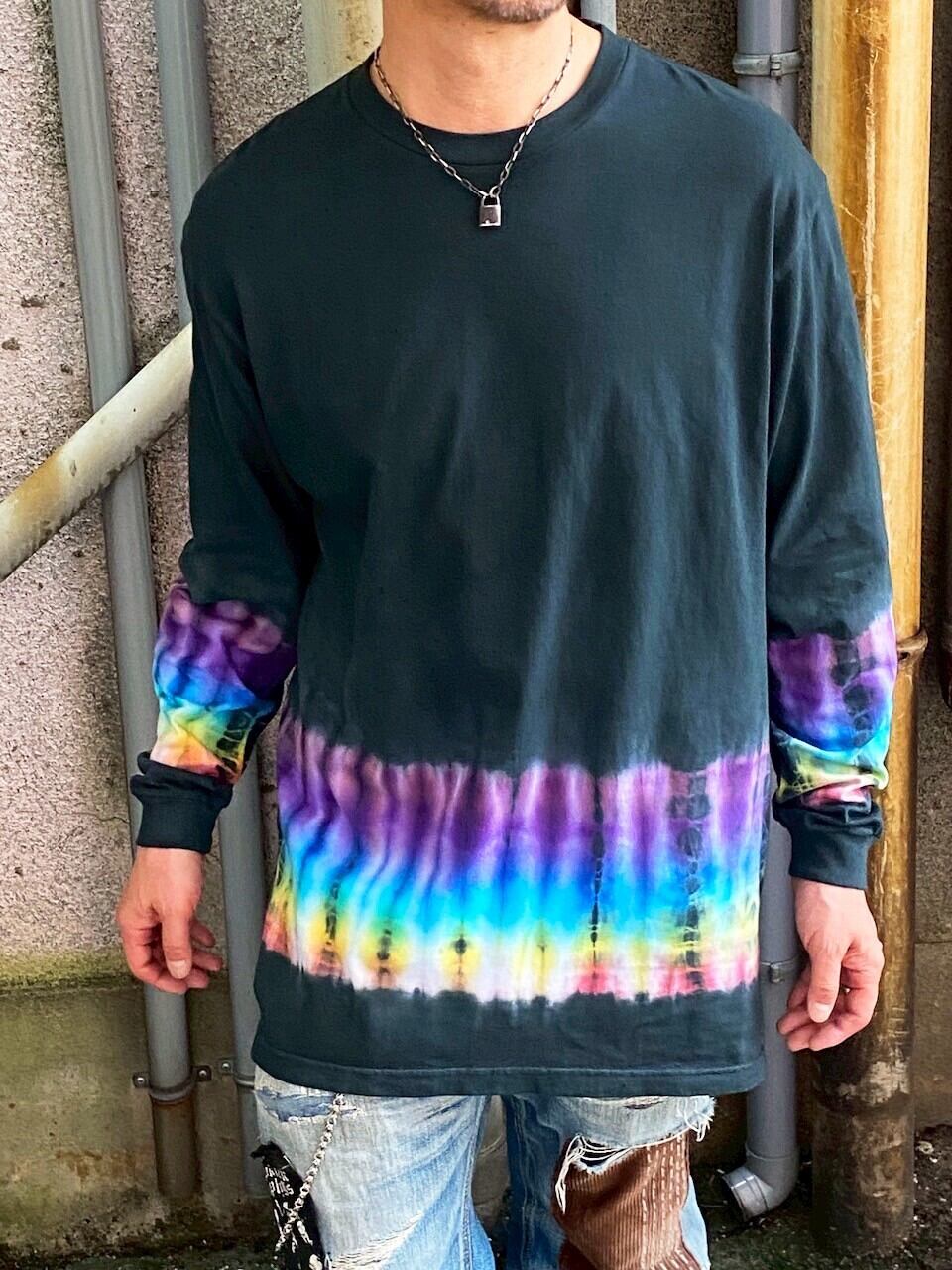タイダイ Tie-dye 長袖Tシャツ XXLサイズ ブラック×レインボー HIPPIES