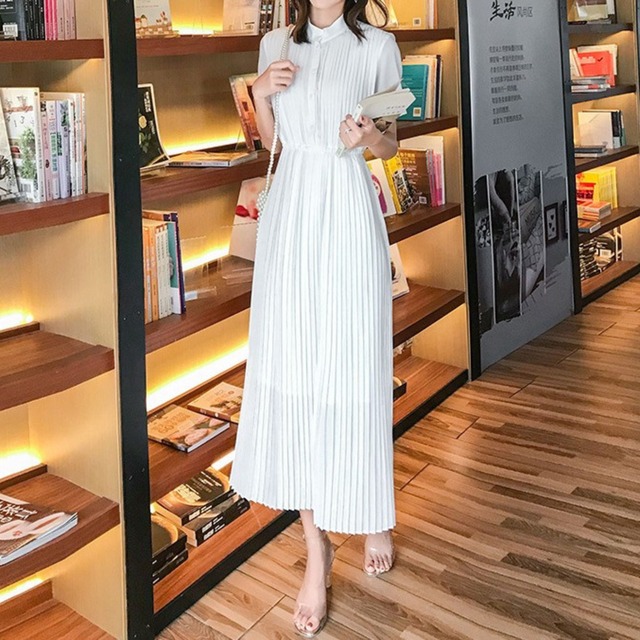 Stand collar elegant waist fit long pleats chiffon dress ( 2color )