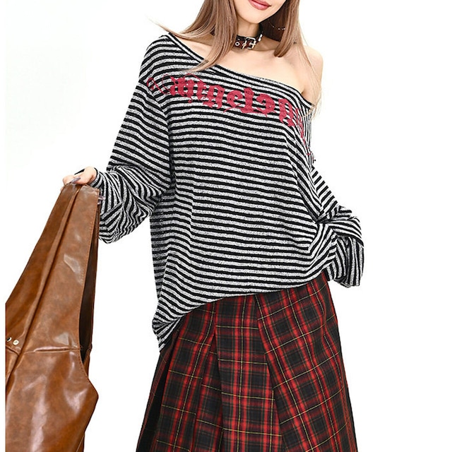 ゴシックレタリングボーダーボートネックカットソー 2col R01912