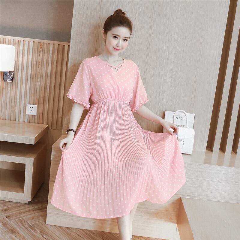 【新作】【送料無料】 マタニティウェア2020夏バージョン新しいファッションルーズでスリムなミドル丈の水玉シフォンマタニティドレス-アリババ サマー 夏物 expec235034462436