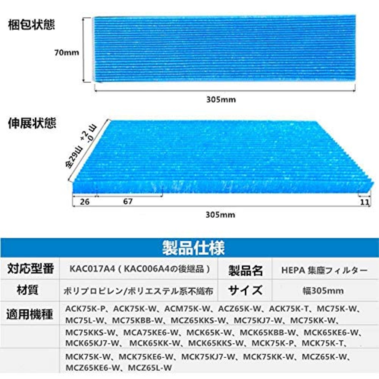 J&Q KAC017A4（KAC006A4の後継品） 空気清浄機用交換フィルター プリーツフィルター HEPAフィルター 集塵フィルター 互換品 (5枚入り)