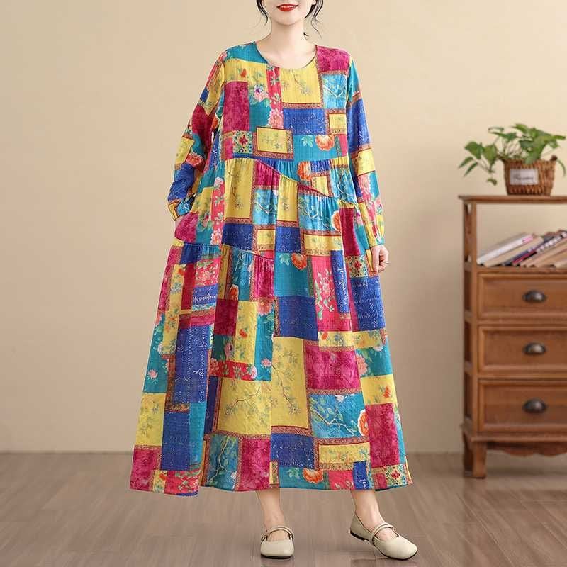 PATCHWORK PRINT BOAT NECK A-LINE LONG PULLOVER DRESS 1color M-16034