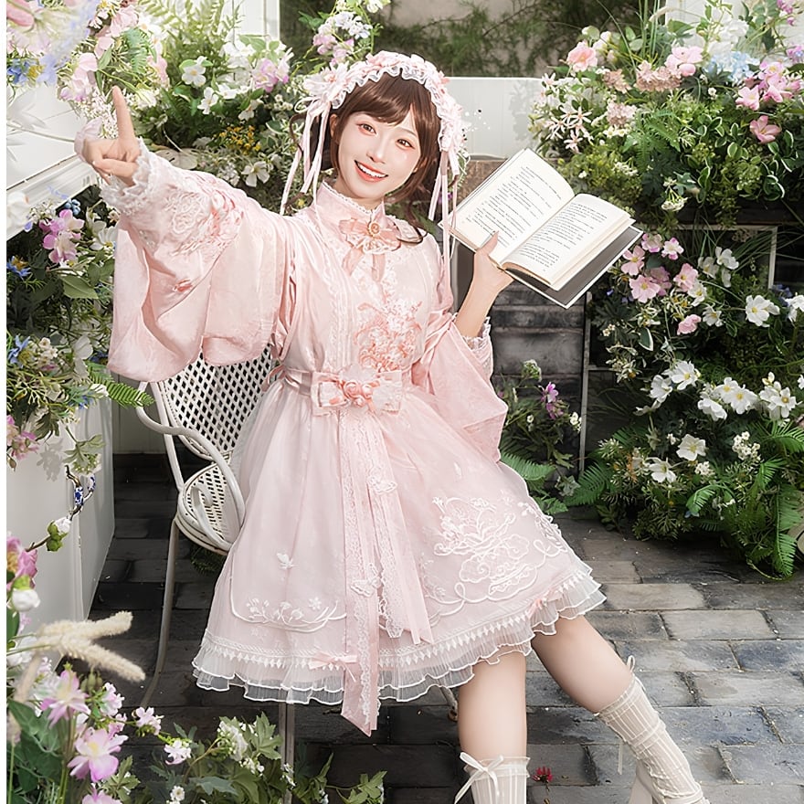 桃花月影の庭 花刺繍広袖レースリボン中華ロリータワンピース5点セット