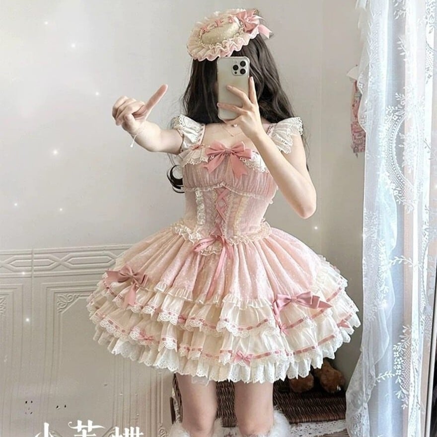 甘ロリ ピンクリボンレースJSK ミニ丈フリルジャンパースカート