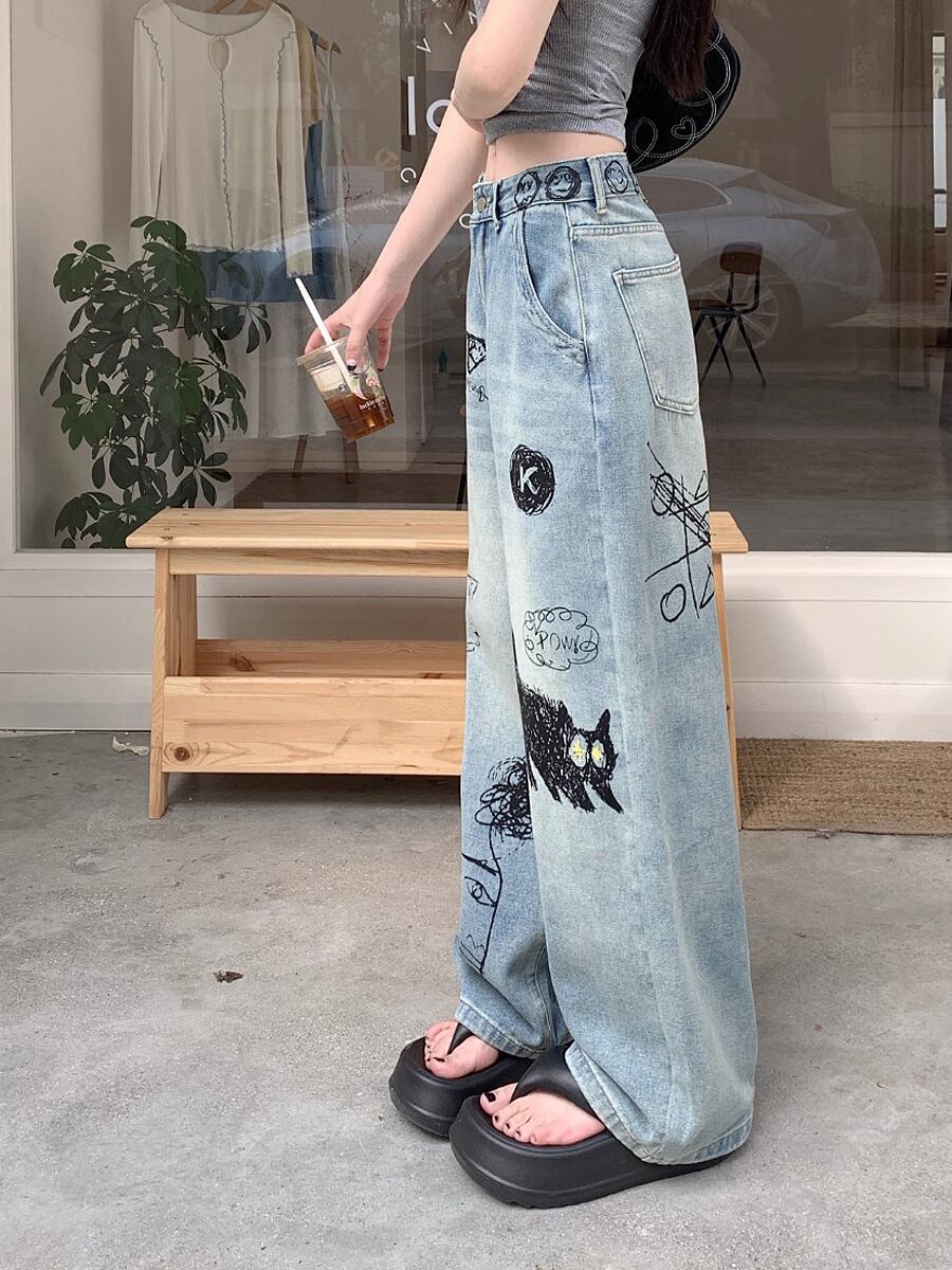 猫イラストのデニムパンツ らくがき風イラストプリントロングデニムパンツ ハイウエスト 落書き