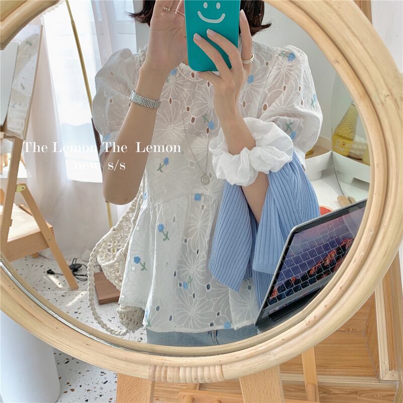 刺繍シャツ ルーズラウンドネックサマー 夏物 Oネック ビッグFスモールZ韓国90103426076