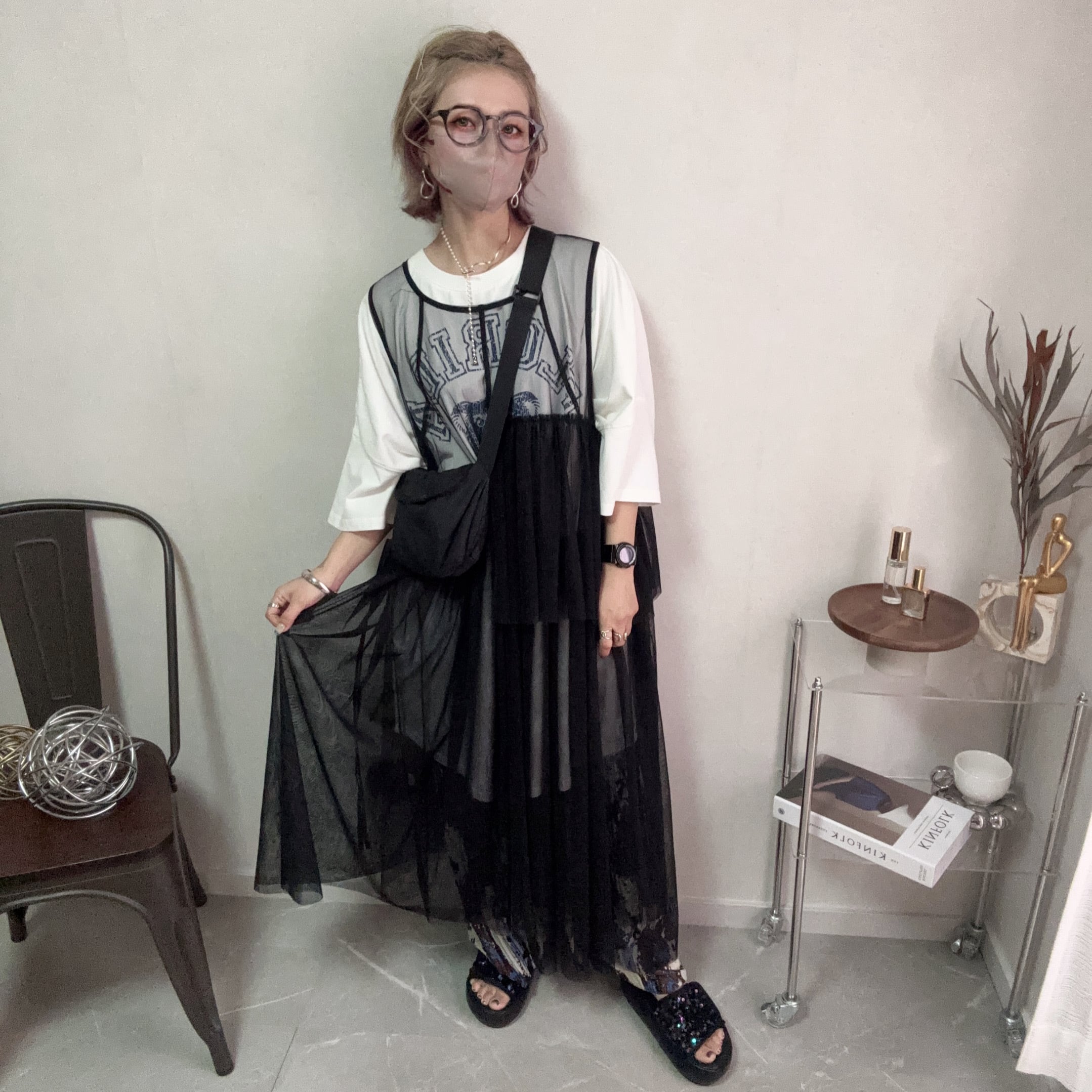 tulle layered asymmetry OP【Black】
