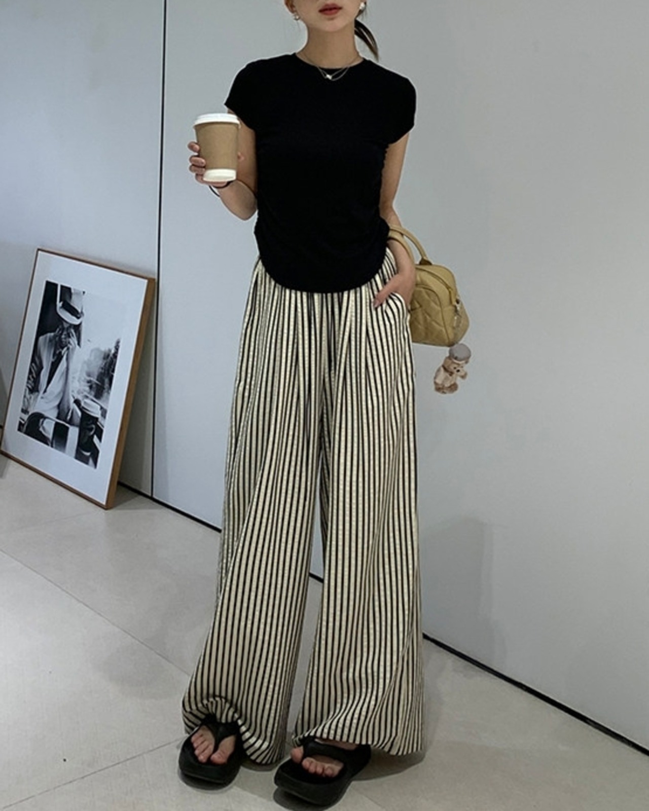 ストライプ柄ウエストゴムワイドロングパンツ A1079 - 4