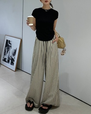ストライプ柄ウエストゴムワイドロングパンツ A1079