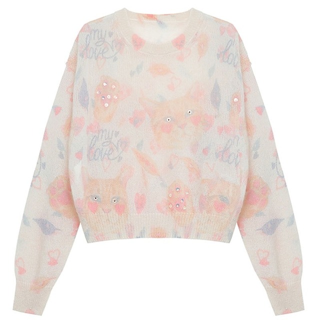 イラスト柄 ネコ ラウンドネック 長袖 ニット セーター *ks125