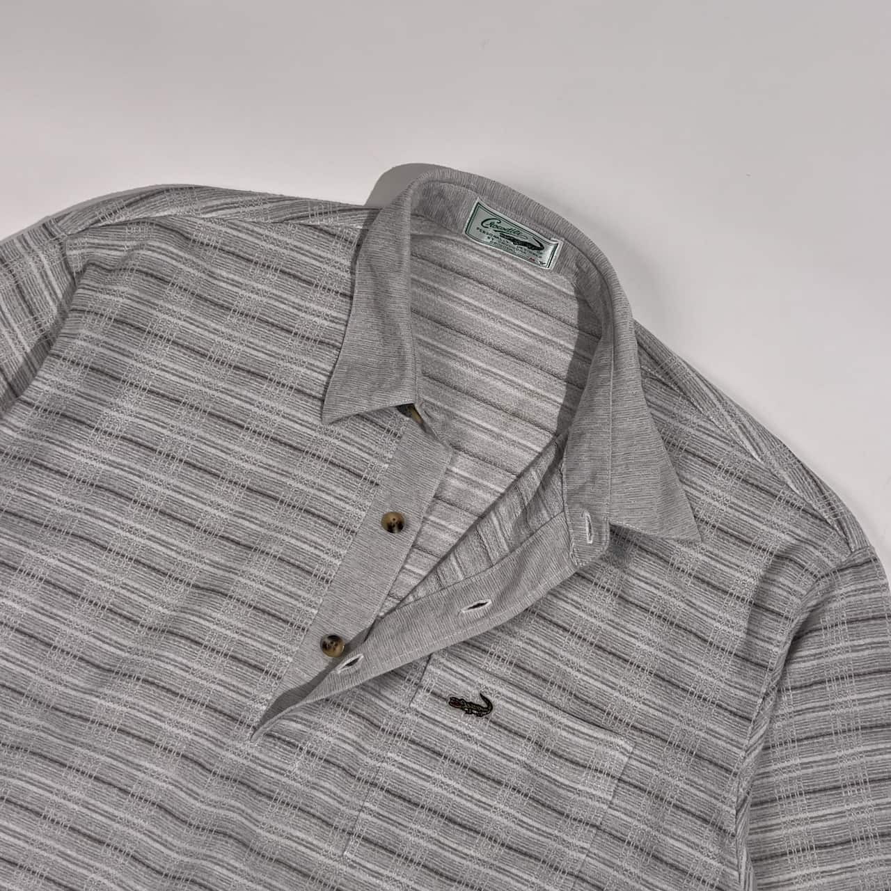 リネン混 Crocodile クロコダイル 総柄 半袖 ポロシャツ M /グレー系 メンズ