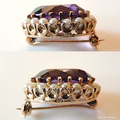 英国ヴィンテージジュエリー 9ctゴールド 天然アメシスト 真珠 レースピン ブローチ(ソーティングメモ付)