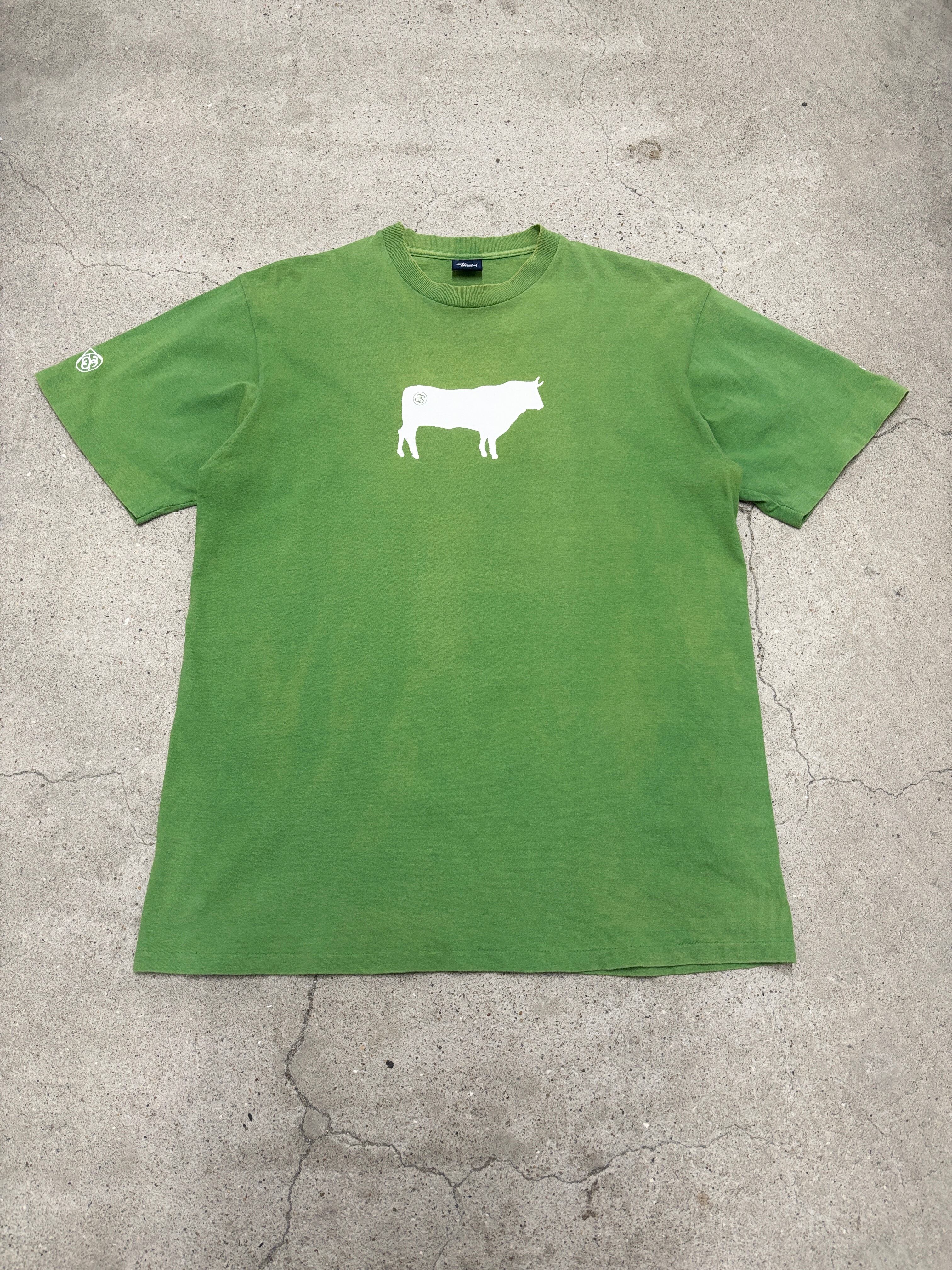 00s OLD STUSSY/Cow print Tee/L/牛プリントTシャツ/グリ－ン/ロゴ